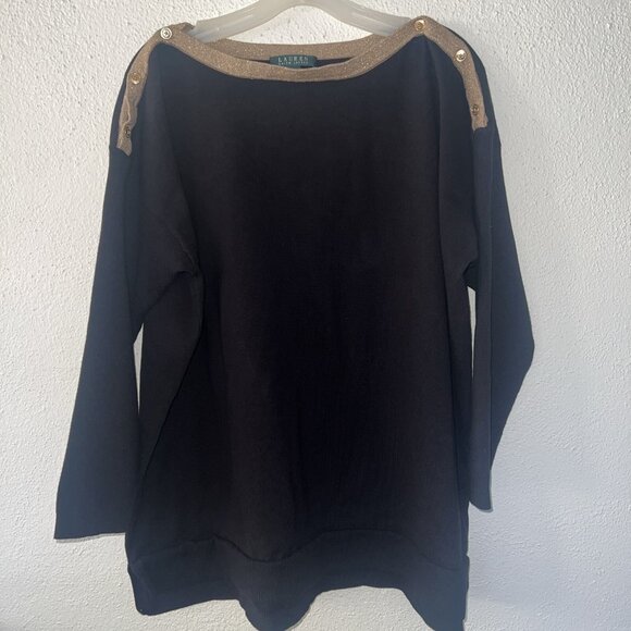 Ralph Lauren Womens 3X Pullover 3/4 Sleeve Crew Neck Button T Shirt Black Gold - Picture 1 of 15